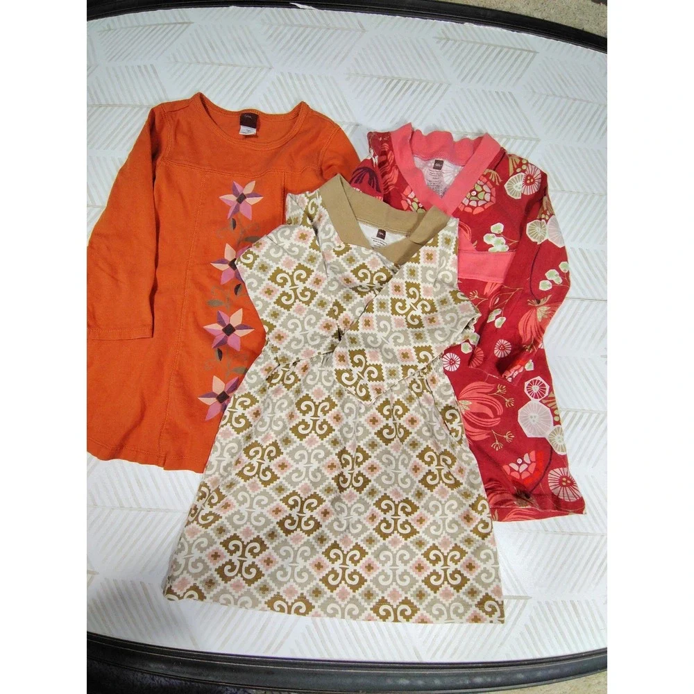 Tea Collection Girls Long Sleeve Dress Lot 3pc Floral Orange Red Size 2‎